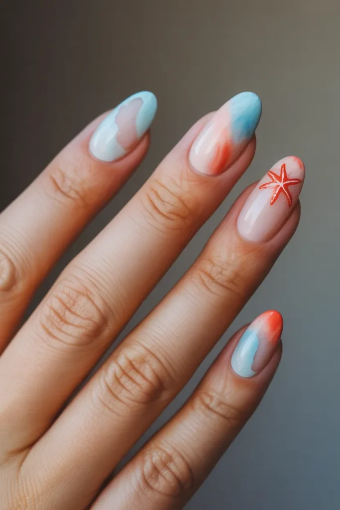 11. Starfish Nail Art Design — Watercolour Wash Effect