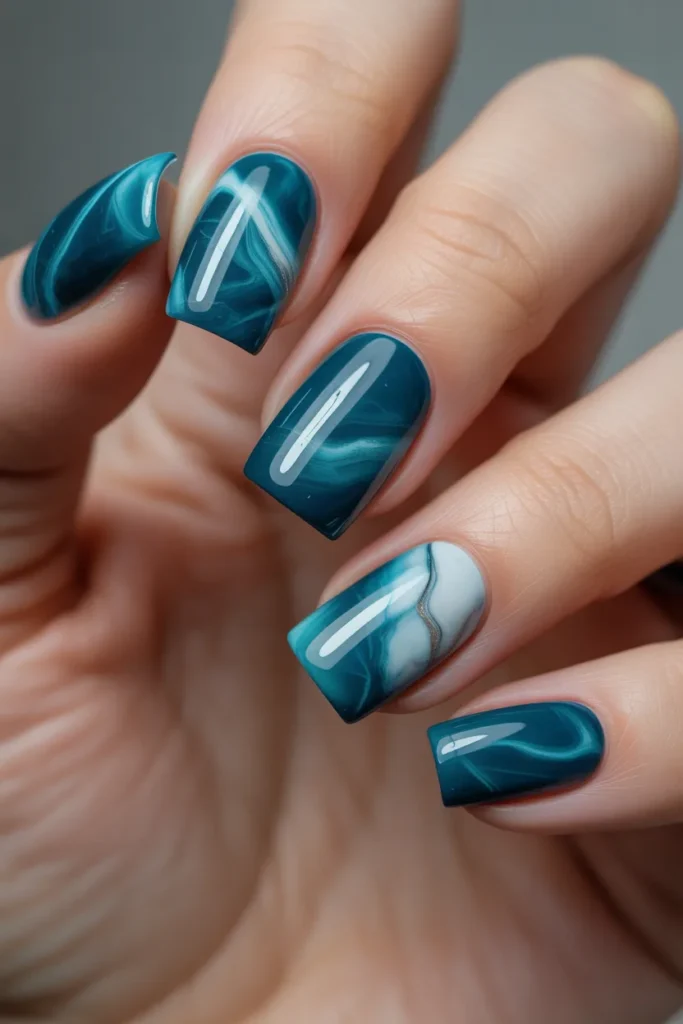 11. Teal Marble Nails — Ocean and Stone