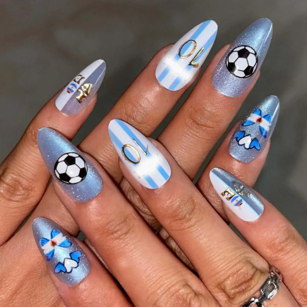 11.Almond Fake Nails with Soccer Design
