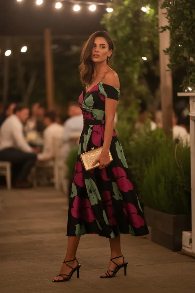 Summer Wedding Guest Outfits 13 12. Black Floral Print Midi — Evening Summer Reception