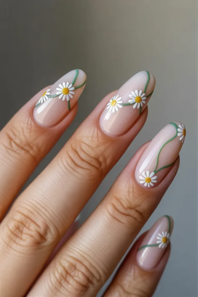 12. Daisy Nails Almond — Chain Connecting Flowers