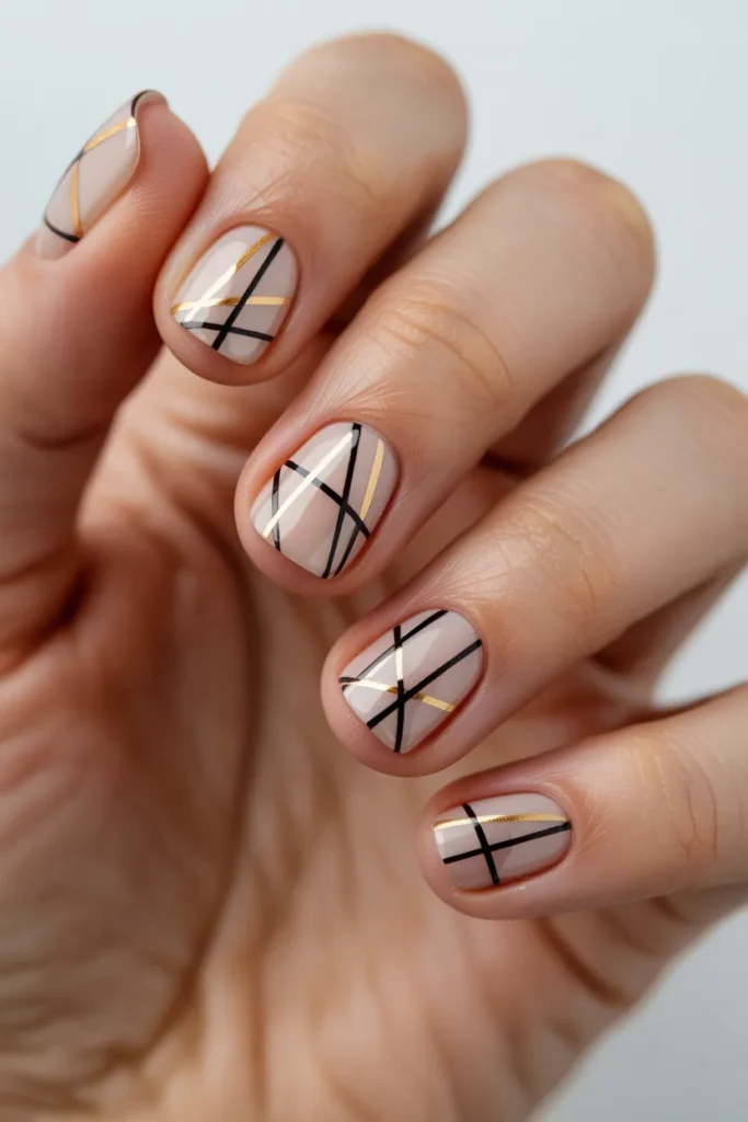 12. Matte Black and White Line Nails — Graphic Contrast