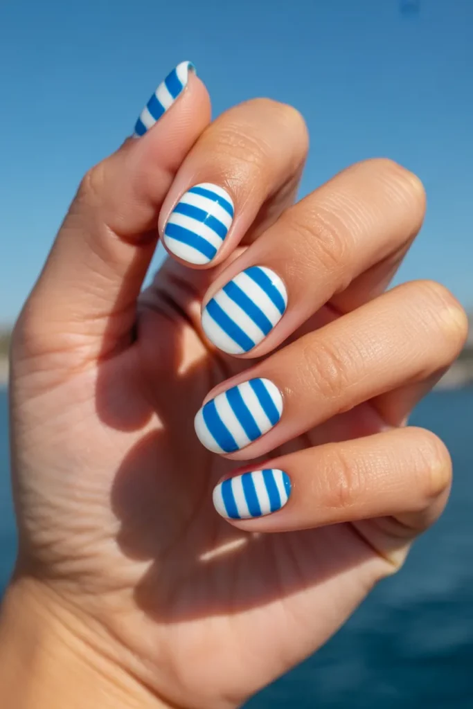 12. Nail Designs for Summer — Blue and White Stripe