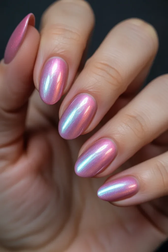 12. Pink Cat Eye Nails Design — Aurora Effect