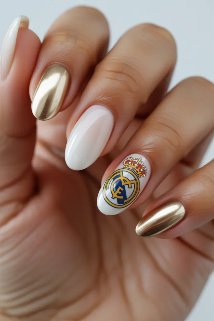 12. Real Madrid Football Nails White and Gold