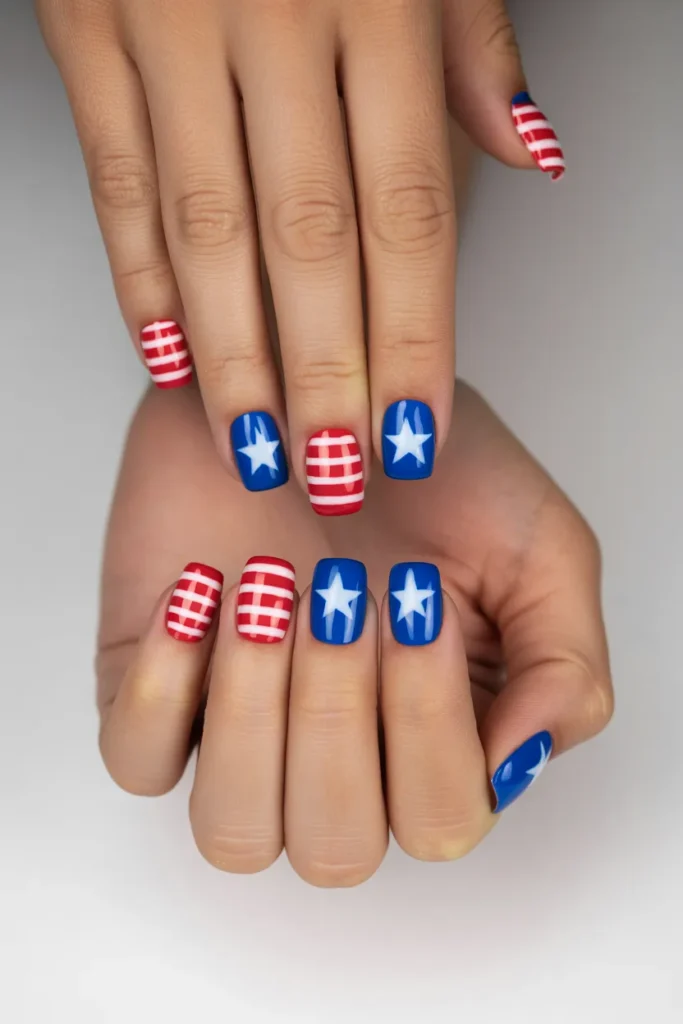 4th of July French Tip Nails 13 12. Square Nails with Stars and Stripes Tips