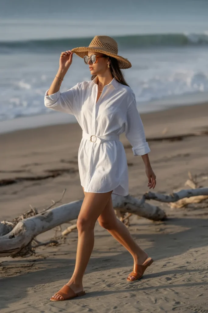12. White Shirt Dress and Straw Hat — Effortless Coastal