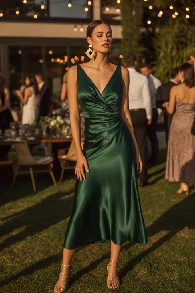Summer Wedding Guest Outfits 14 13. Emerald Green Satin Midi — Statement Guest