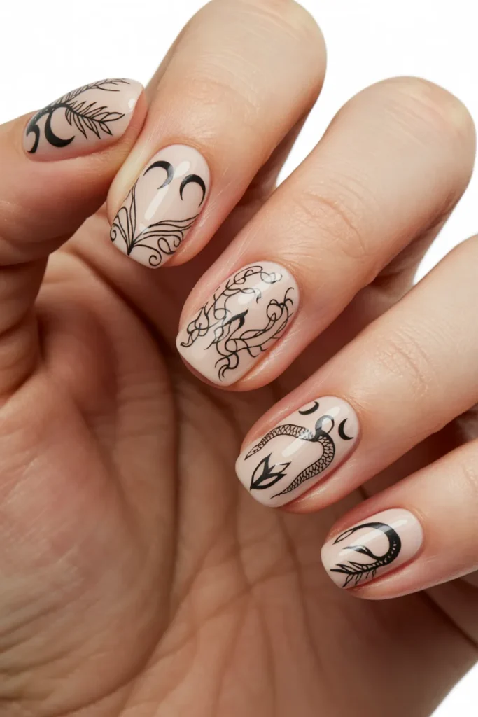 13. Line Art Nail Design — The Tattoo Flash Style