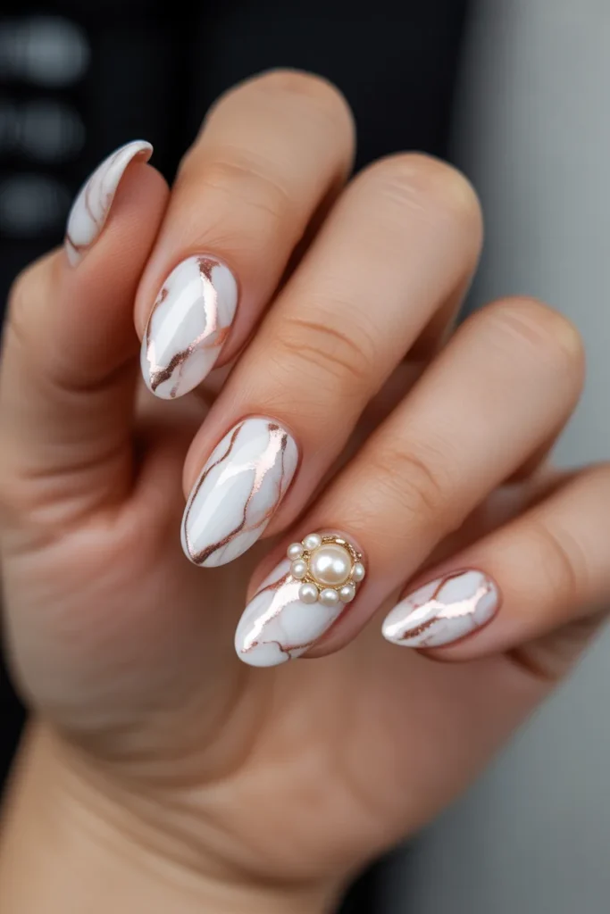 13. Marble Nails White and Rose Gold — Bridal Elegance