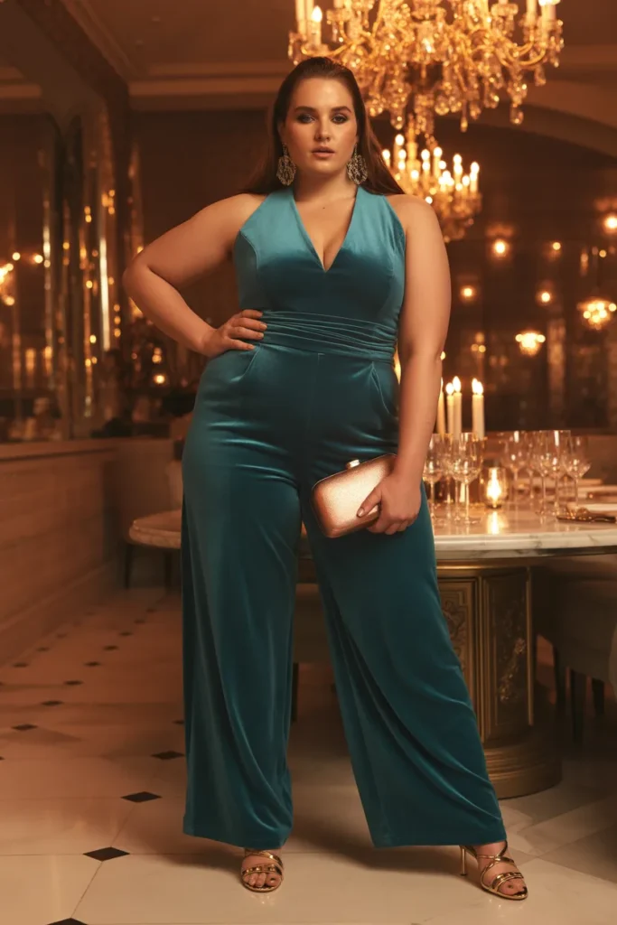 14 — Deep Teal Wide Leg Velvet Jumpsuit