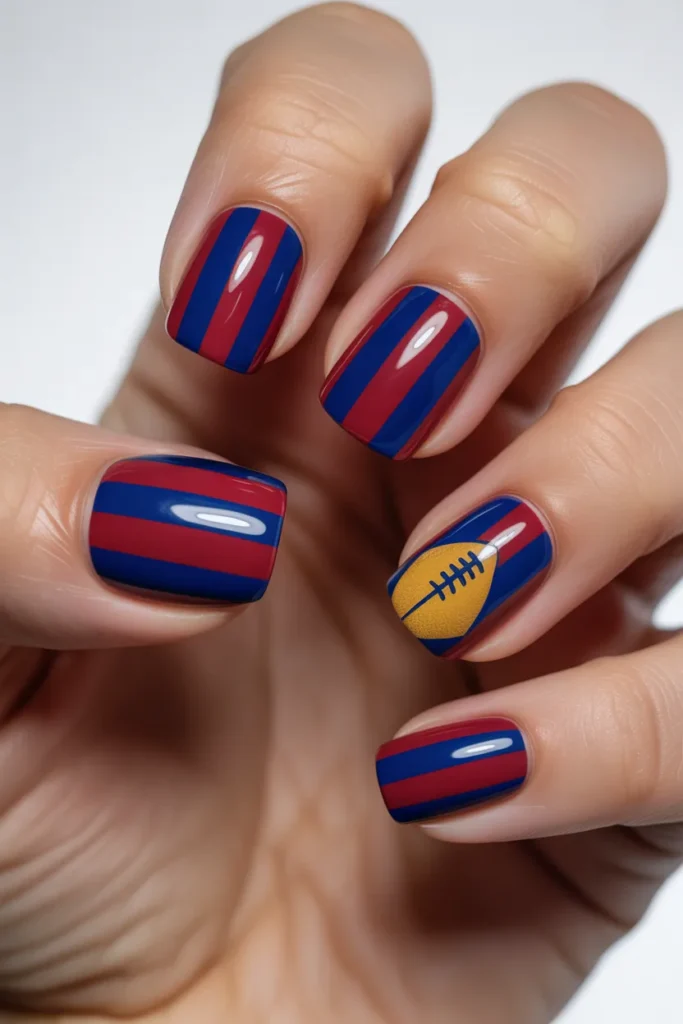 14. Barcelona Football Nails Blue and Red Stripes