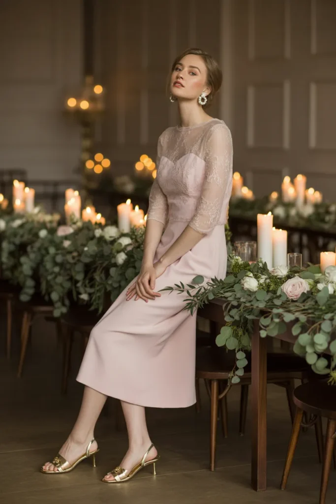 Summer Wedding Guest Outfits 15 14. Blush Pink Lace Overlay Midi — Indoor Romantic