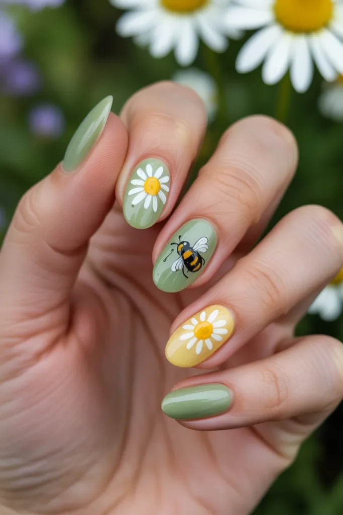 14. Daisy Nails with Bee Accent — Garden Story