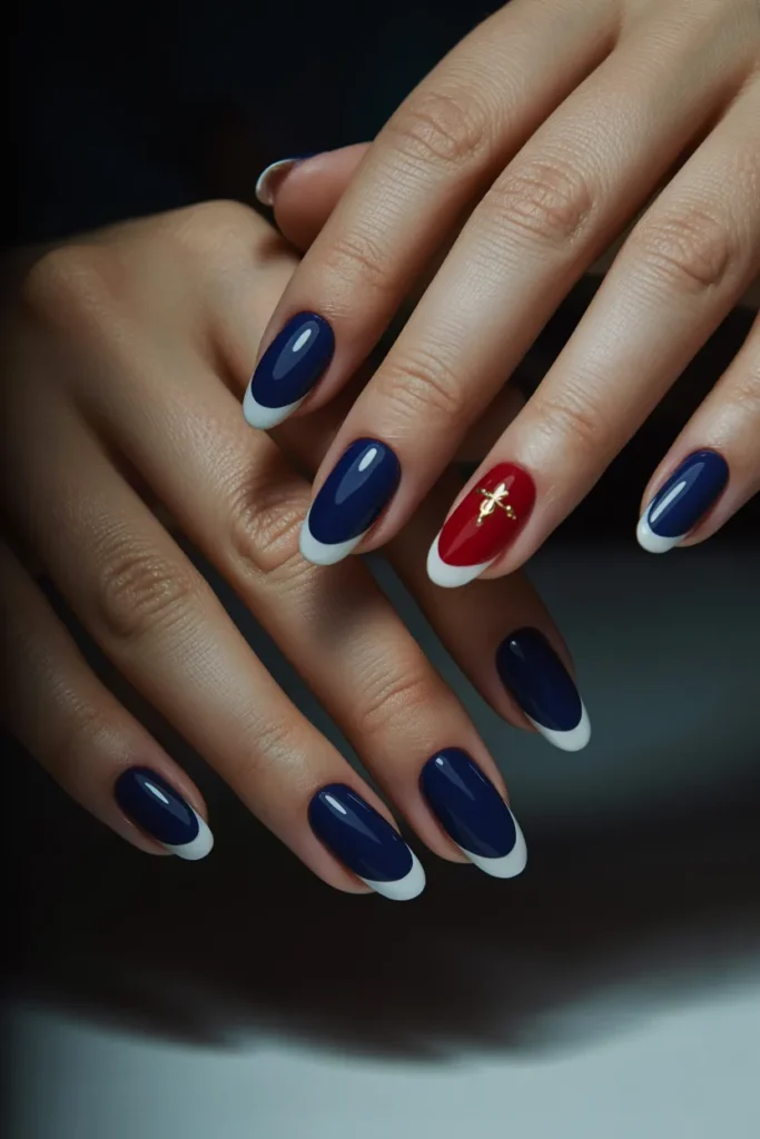 4th of July French Tip Nails 15 14. Deep Navy Base with a Crisp White French Tip