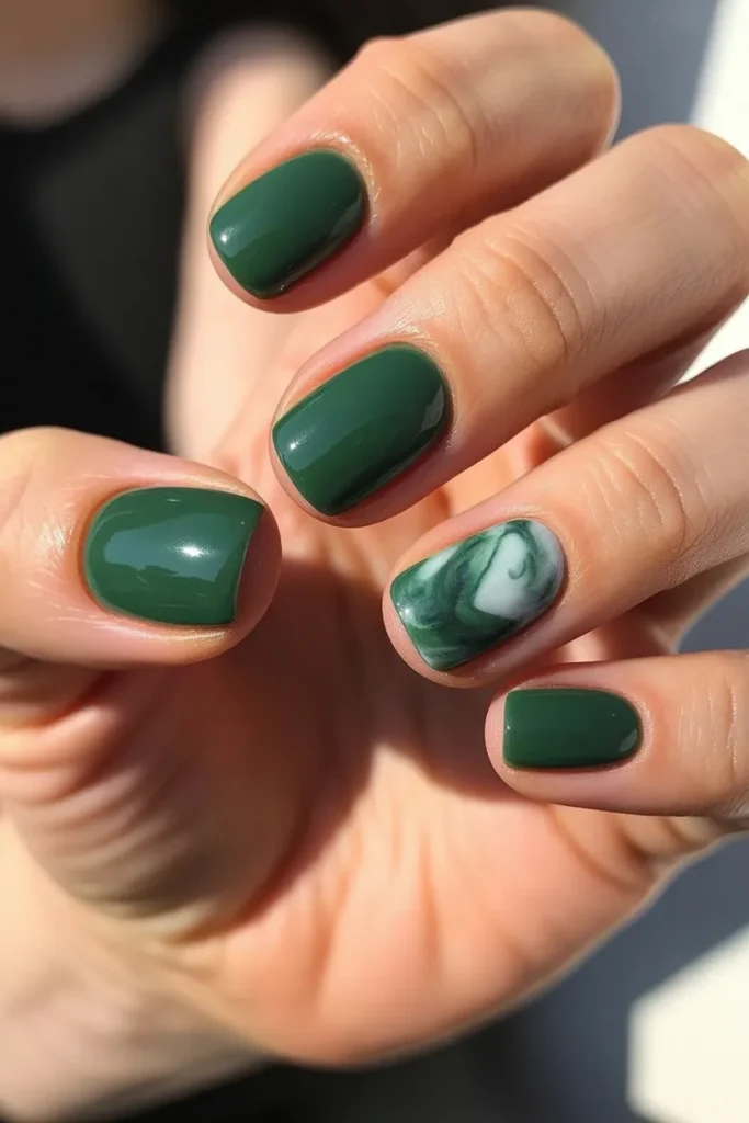 14. Green Marble Nails Short — Accent Nail Design