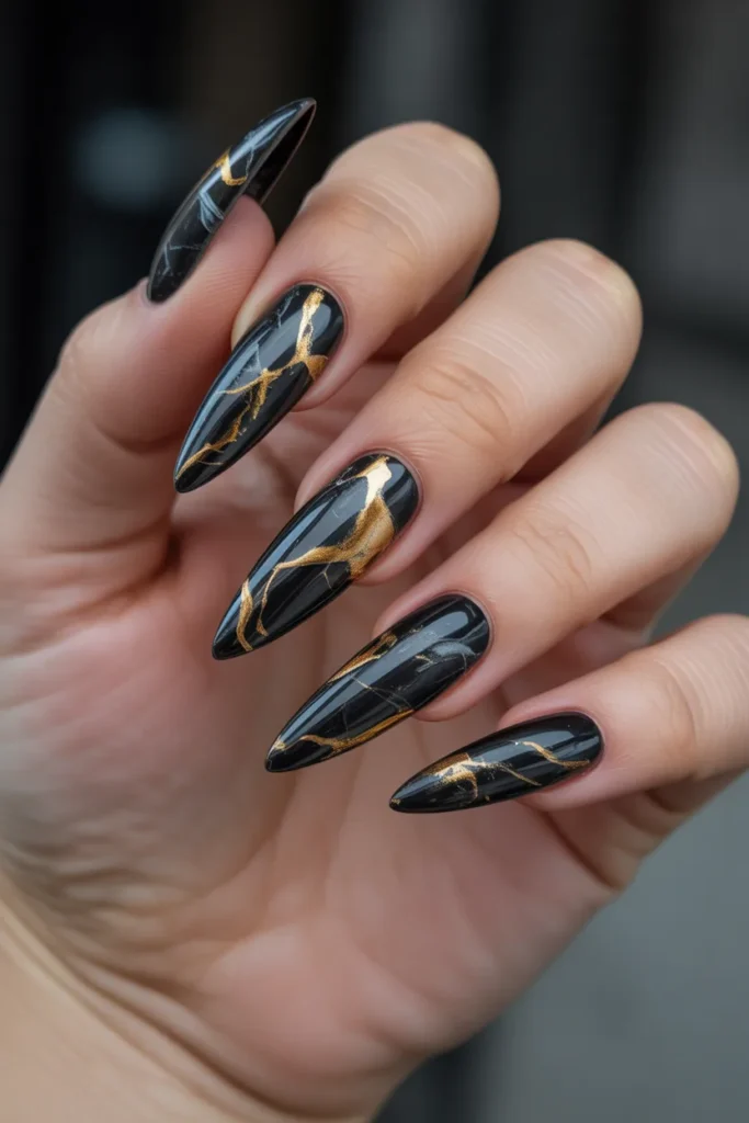 14. Marble Nails Black and Gold — Editorial Luxury