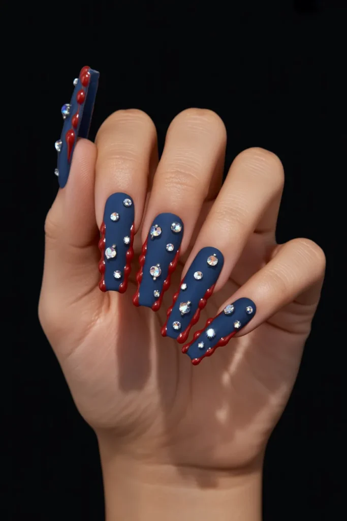 14. Rhinestone USA Flag Nails