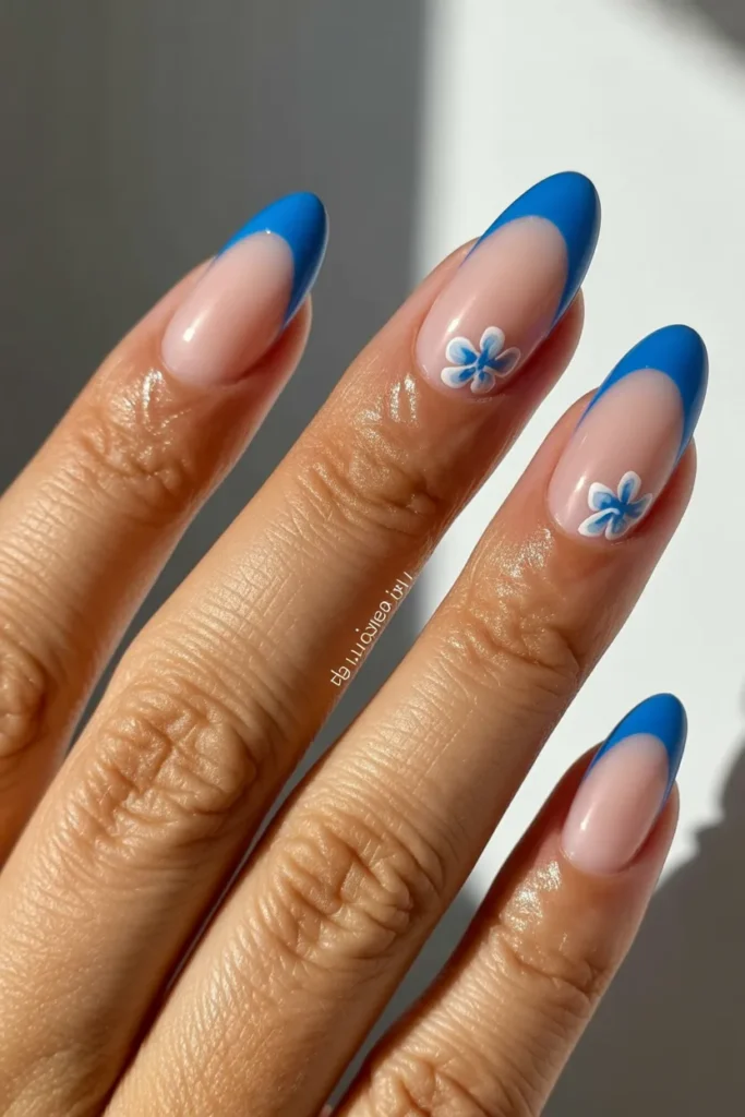 14. Summer Almond Nails Ideas — Blue Floral French Tip