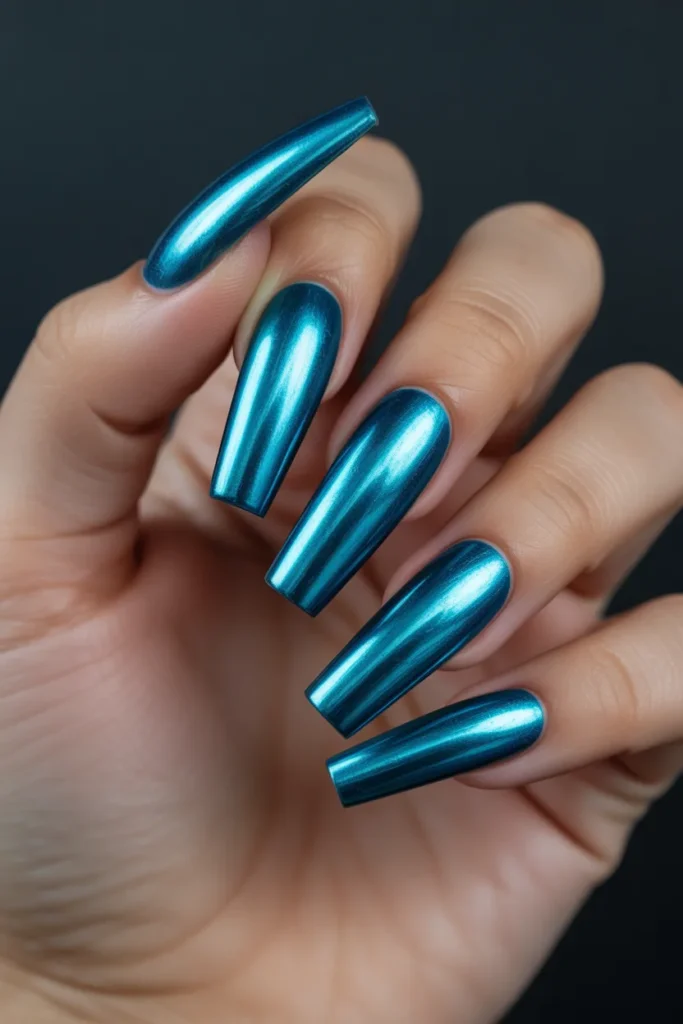 14. Summer Nails Coffin — Chrome Turquoise
