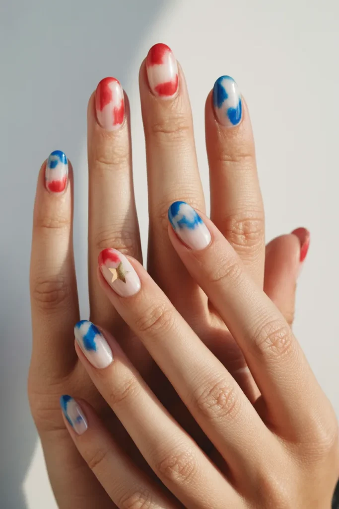 Memorial Day Nails 15 14. Watercolor Patriotic Wash — Almond