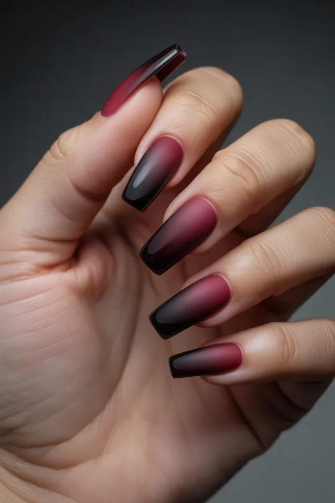 14. Wine Color Nails — Ombre to Black Tips