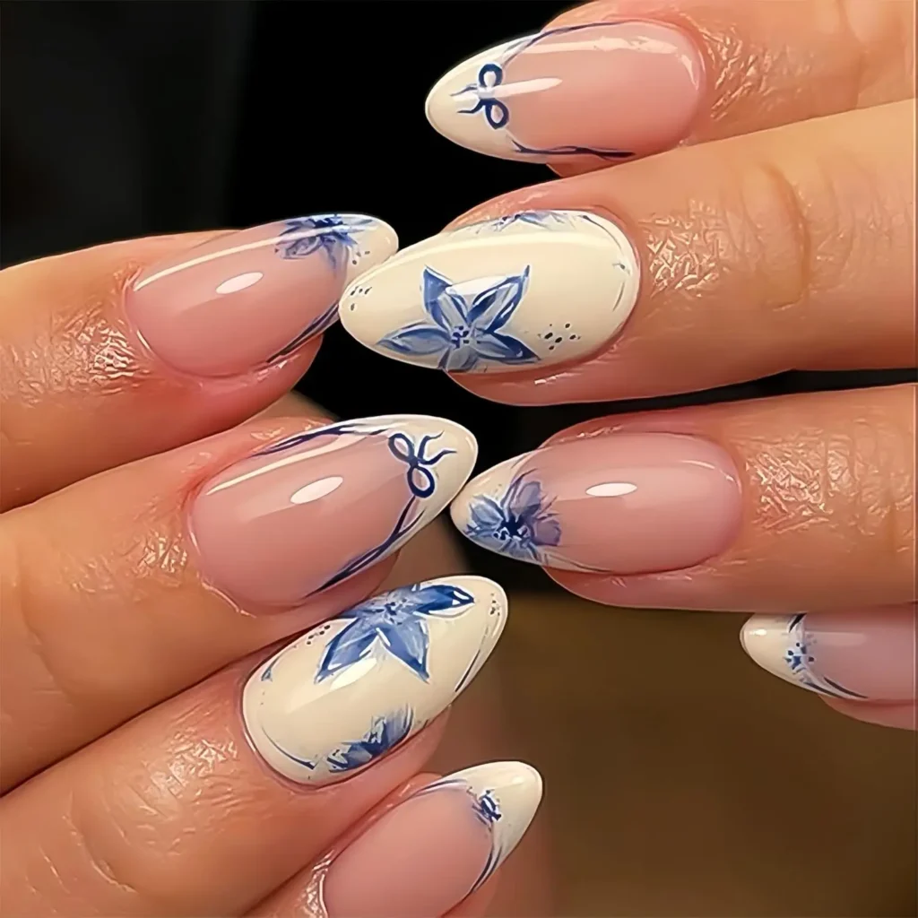Summer Almond Nails 15 14.Blue Floral French Tip