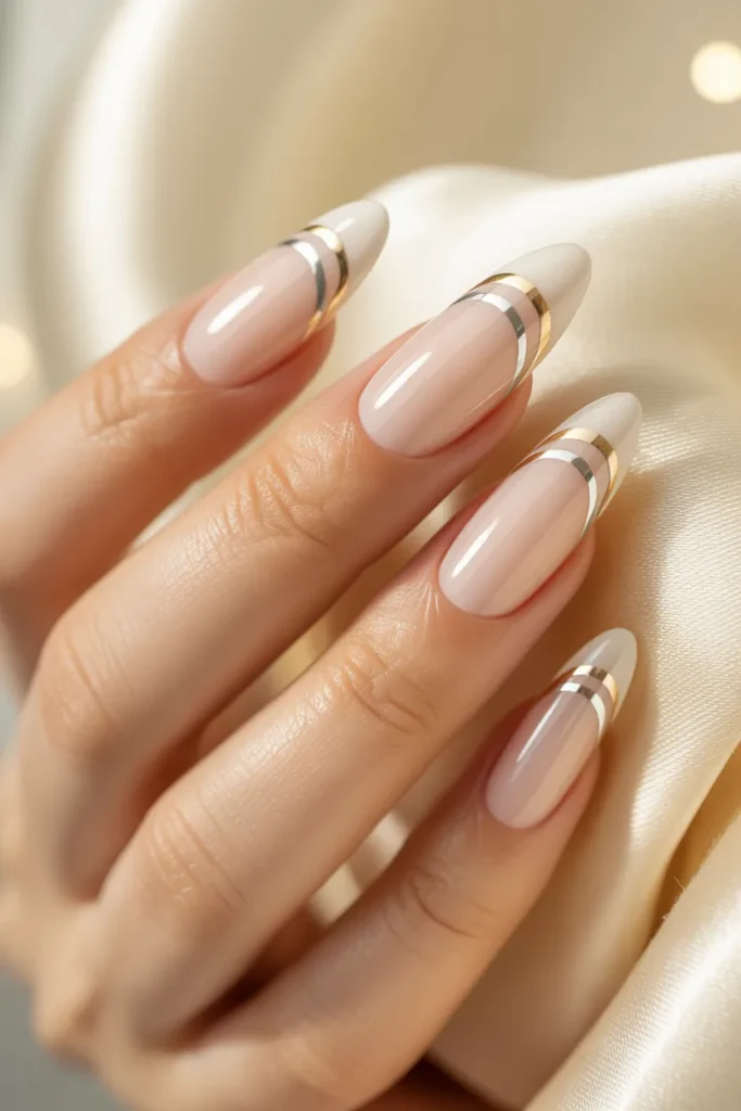 Line French Tip Nails 15 14.Gold Silver Gold Long Almond