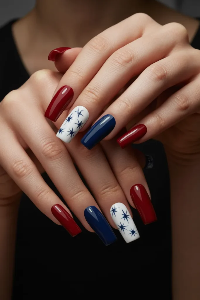 Memorial Day Nails 16 15. Acrylic Coffin Nails — Red White Blue Long
