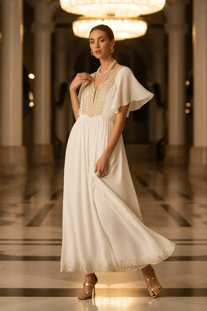 Summer Wedding Guest Outfits 16 15. Ivory and Gold Embroidered Maxi — Formal Evening Luxury