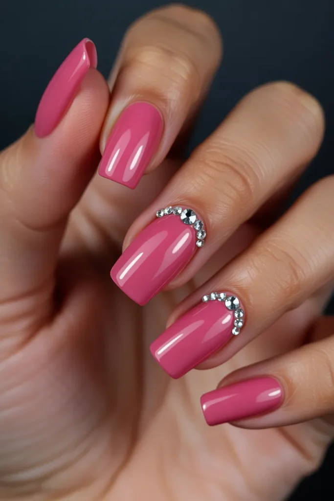 15. Pink Cat Eye Nails Square — Long with Rhinestones