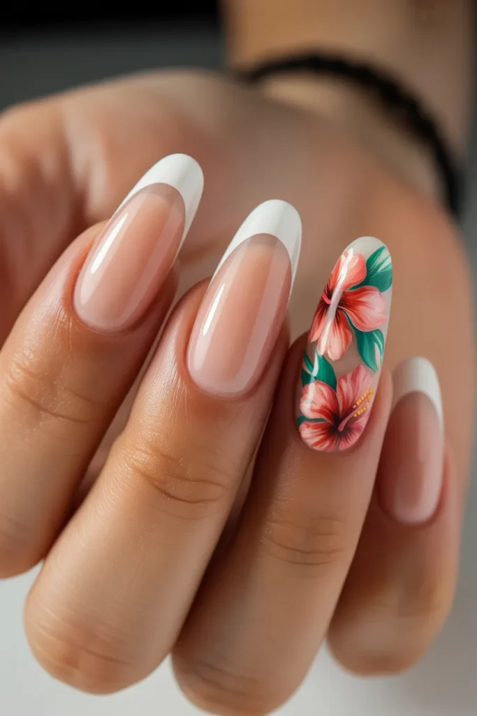 15. Summer Nails Acrylic — Long White with Floral Art