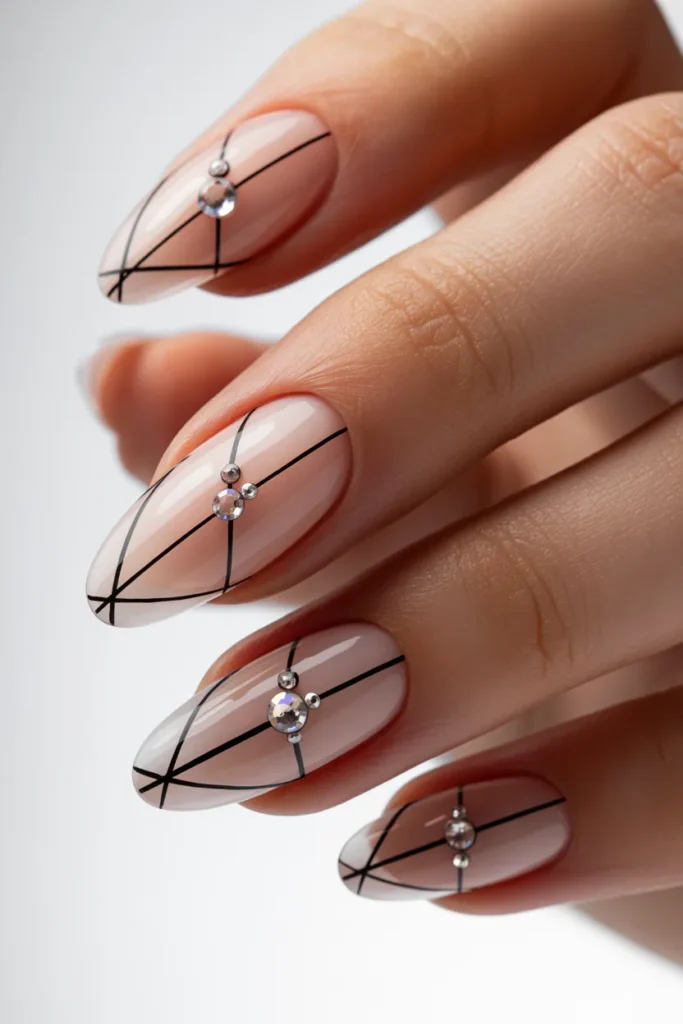15. Swarovski and Black Line Nails — Luxury Details