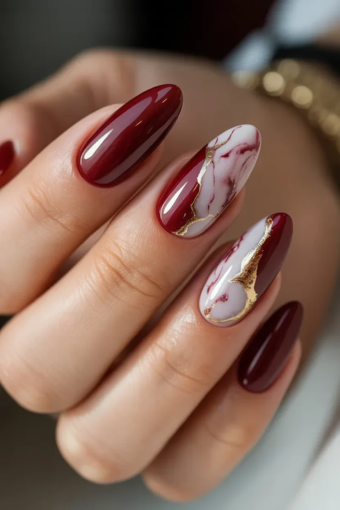 15. Wine Red Nail Polish Ideas — Marble Effect