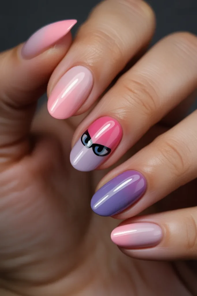 16. Cat Eye Pink Nails — Ombre Base with Streak