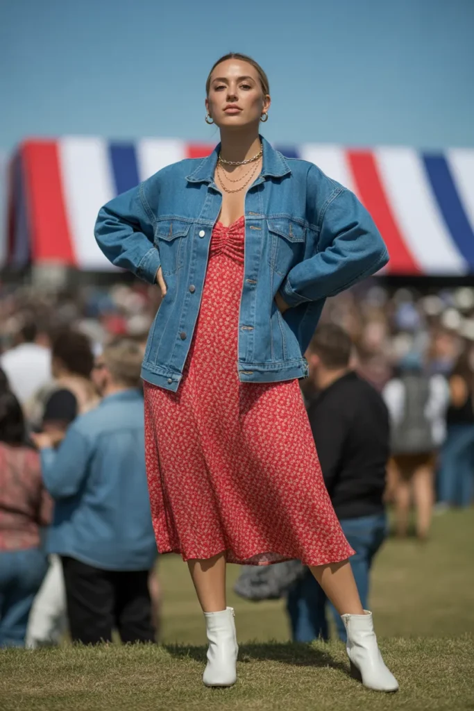16. Denim Jacket with Red Floral Dress — Beach Evening Layer