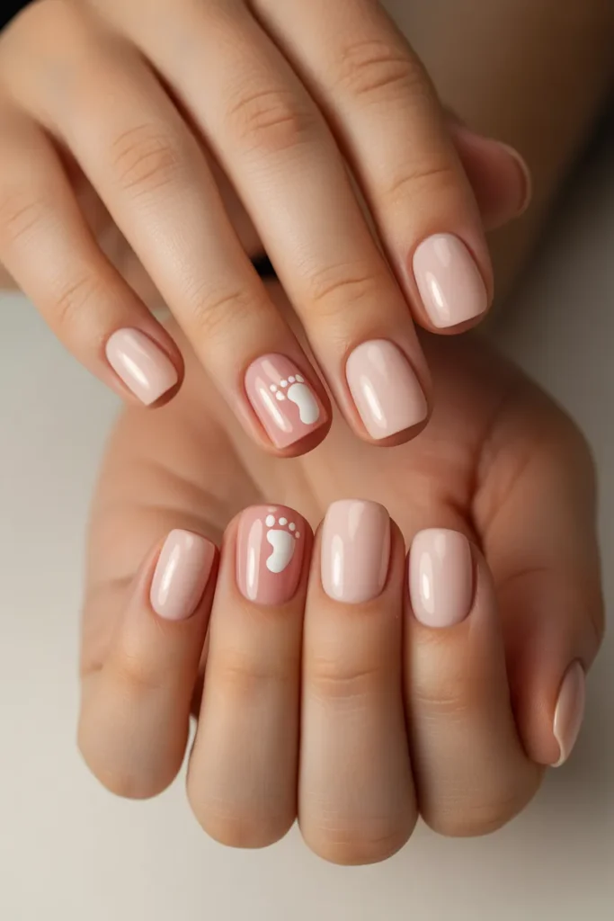16. New Mom Nails — Soft Pink with Baby Footprint