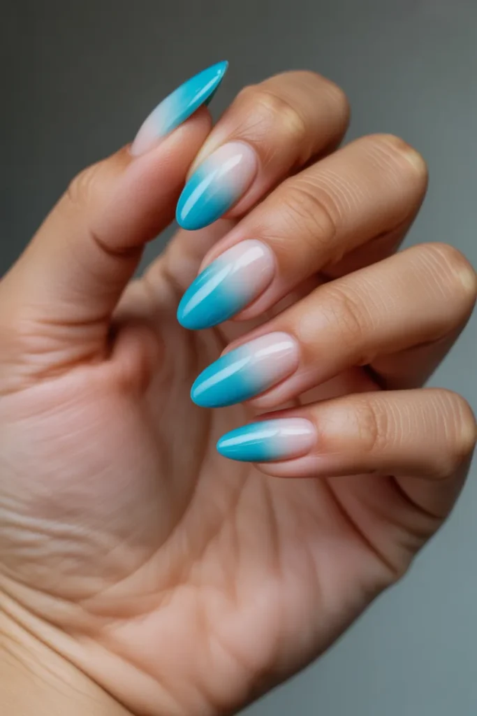 16. Summer Almond Nails — Ombre Turquoise to White