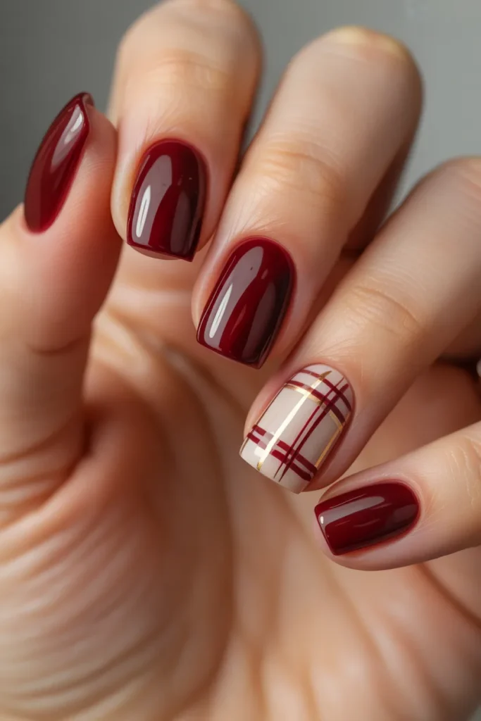 16. Wine Nails — Winter Plaid Accent
