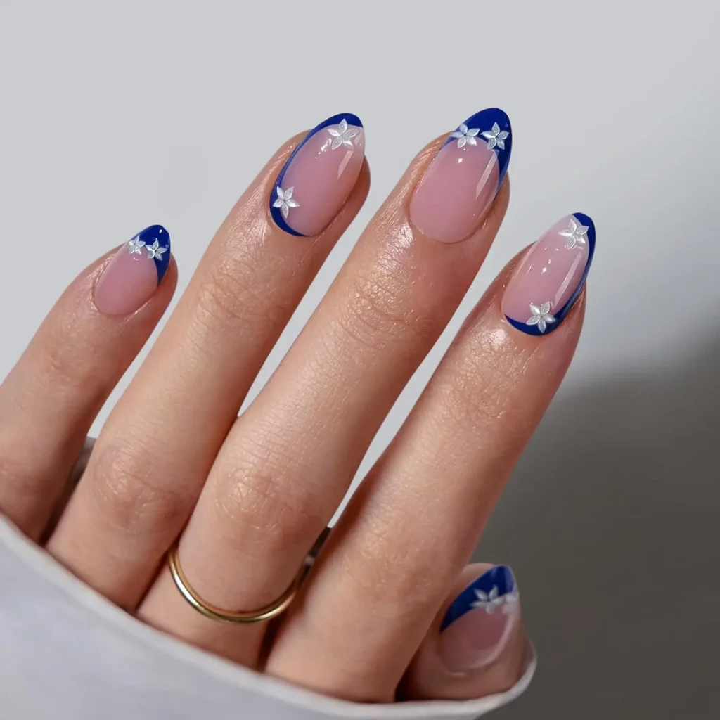 16.Blue French Tip Almond Press On Nails