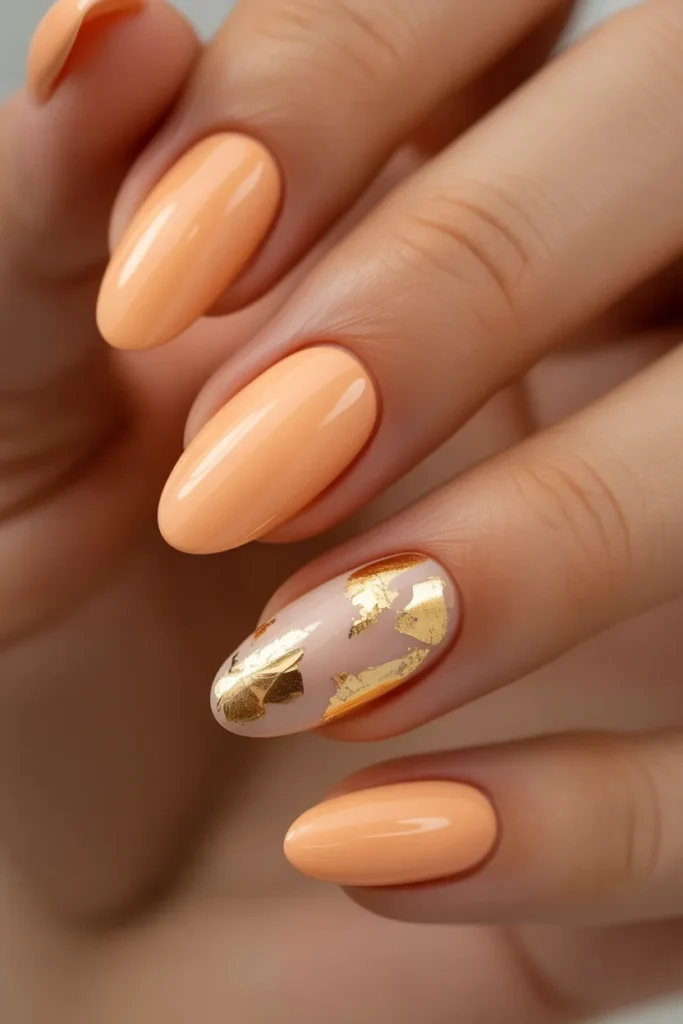 17. Mothers Day Nails Ideas Almond — Peach and Gold