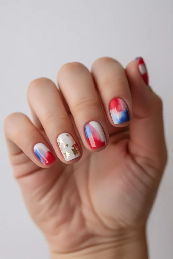 Short 4th July Nails 18 17. Watercolor Flag Wash
