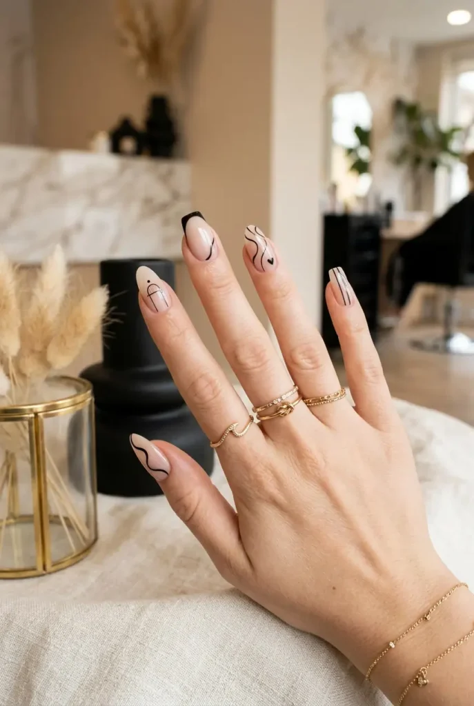 18 Simple Nails With Black Lines 💅 Modern Almond Square Nail Inspo 1