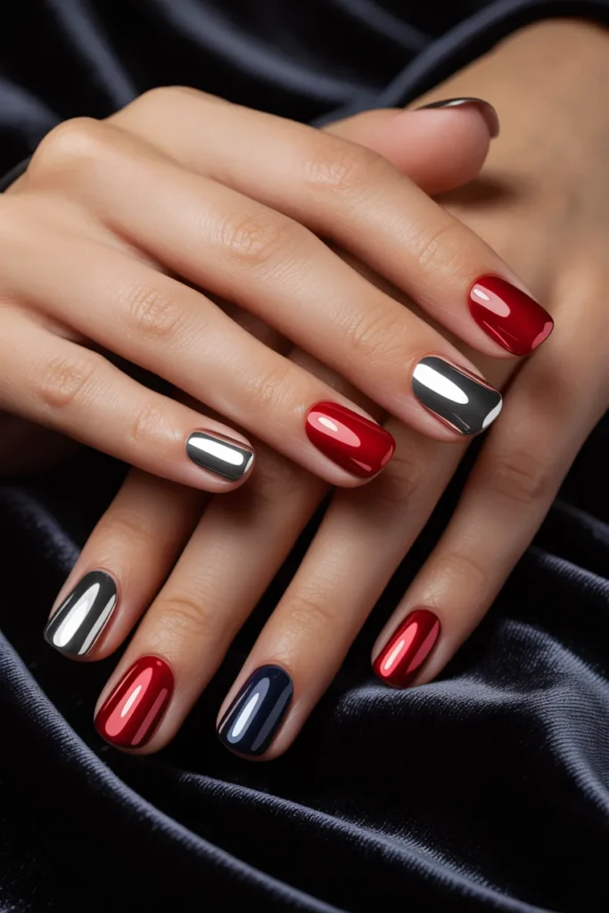 Memorial Day Nails 19 18. Chrome Red Square — Mirror Finish Patriotic