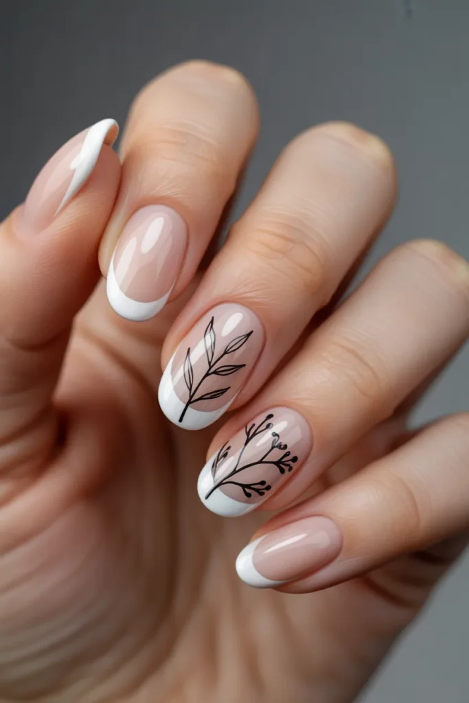 18. French Tip Nails with Nail Art — Botanical Line Work