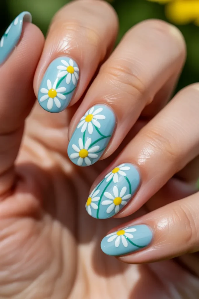 18. June Nails Inspo 2026 — Daisy Chain on Sky Blue
