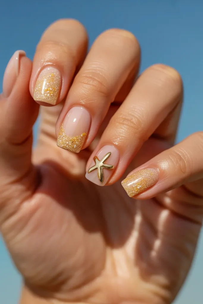 18. Starfish Nails Gold Embossed — Luxe Sand Effect
