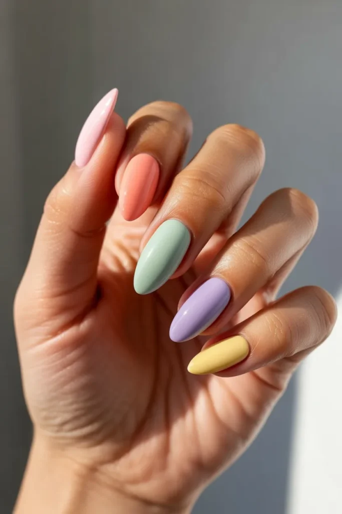 18. Summer Short Almond Nails — Mismatched Pastels