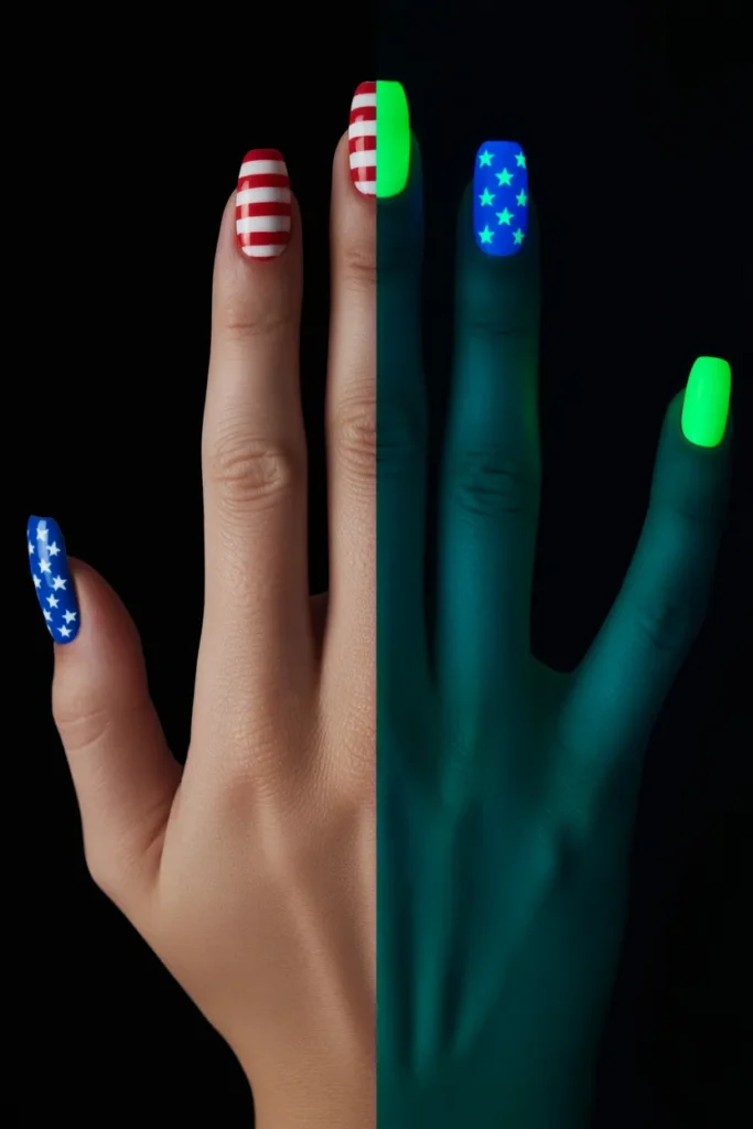19. Glow in the Dark USA Flag Nails