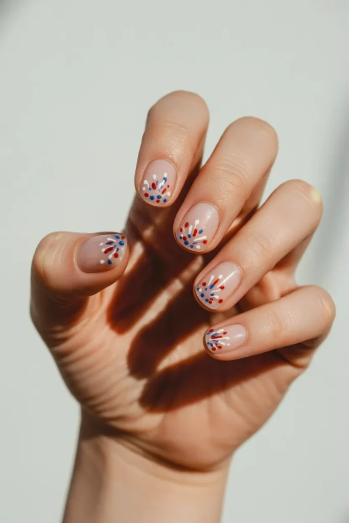 Short 4th July Nails 20 19. Subtle Fireworks Dot Manicure